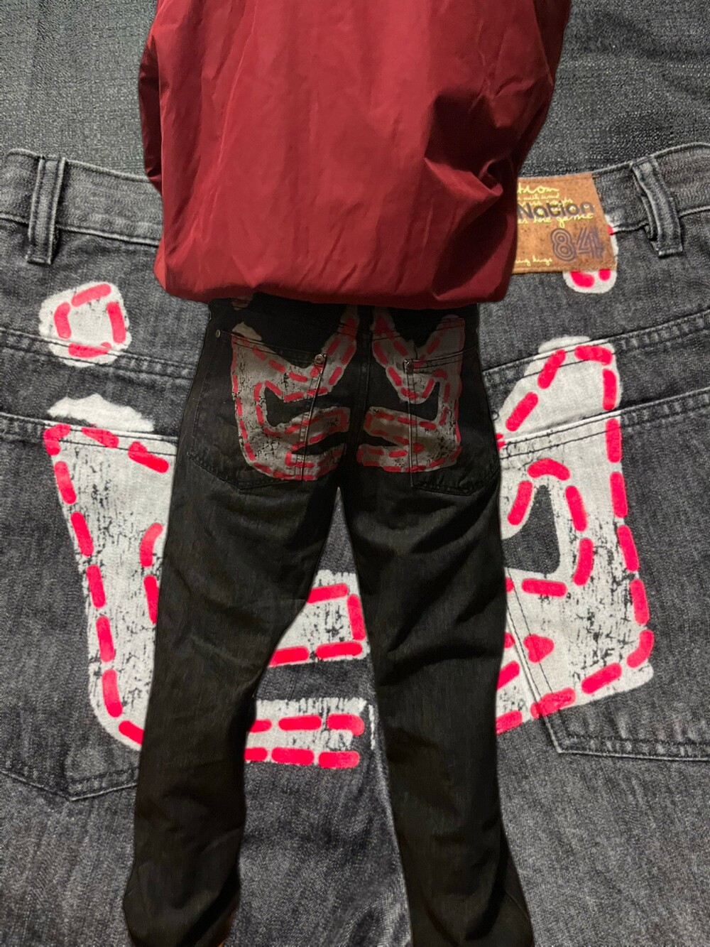 Rare PNB Nation Black Denim Jeans 30x32 Cotton with Red and White Stitching